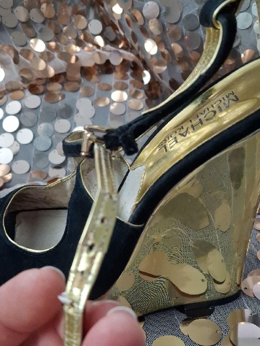 Michael Kors Black Suede and Gold Wedge Sandals - Picture 4 of 12